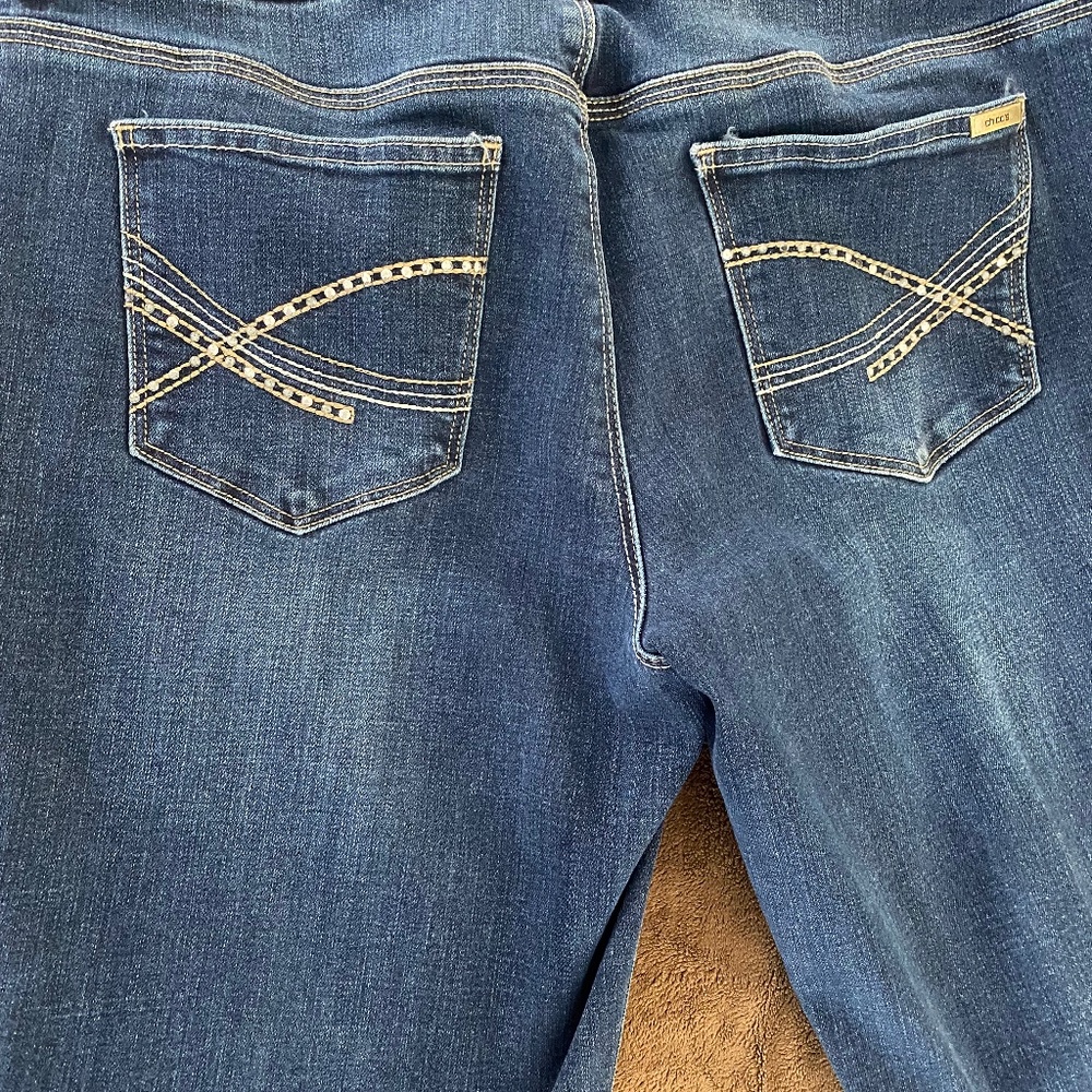 Gently used blue stonewashed denim jeans, Chico’s size 1/Women’s size 10.
